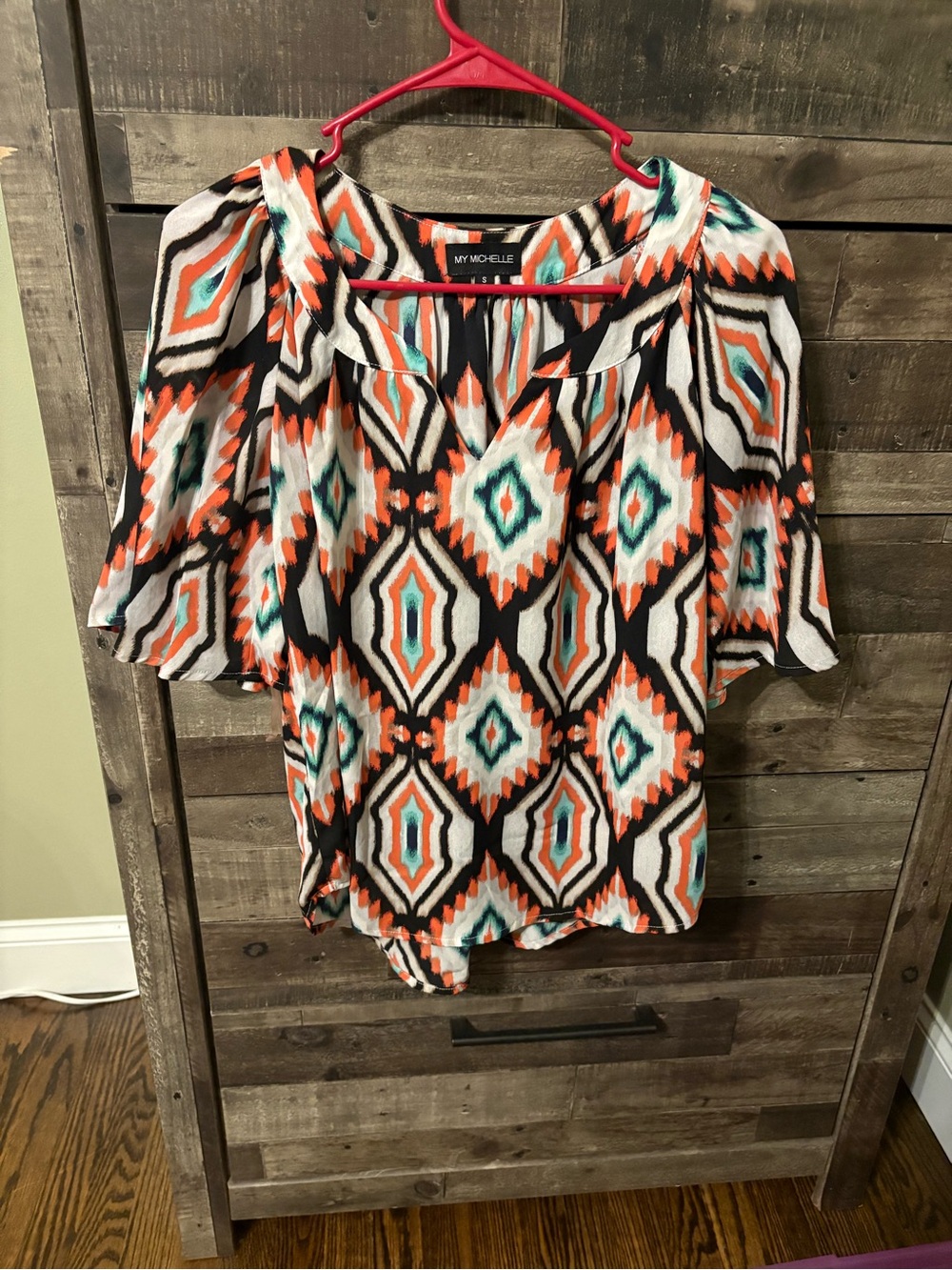 My Michelle Black White Orange Teal Geometric Flutter Sleeve Blouse